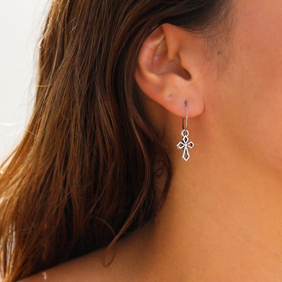 Hollow Gothic Cross Small Wire Hoop Stainless Steel Earrings - Picture 2 of 3